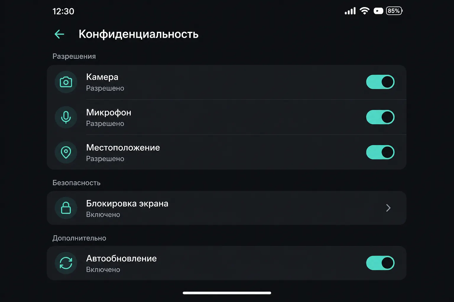 Экран настроек приватности смартфона