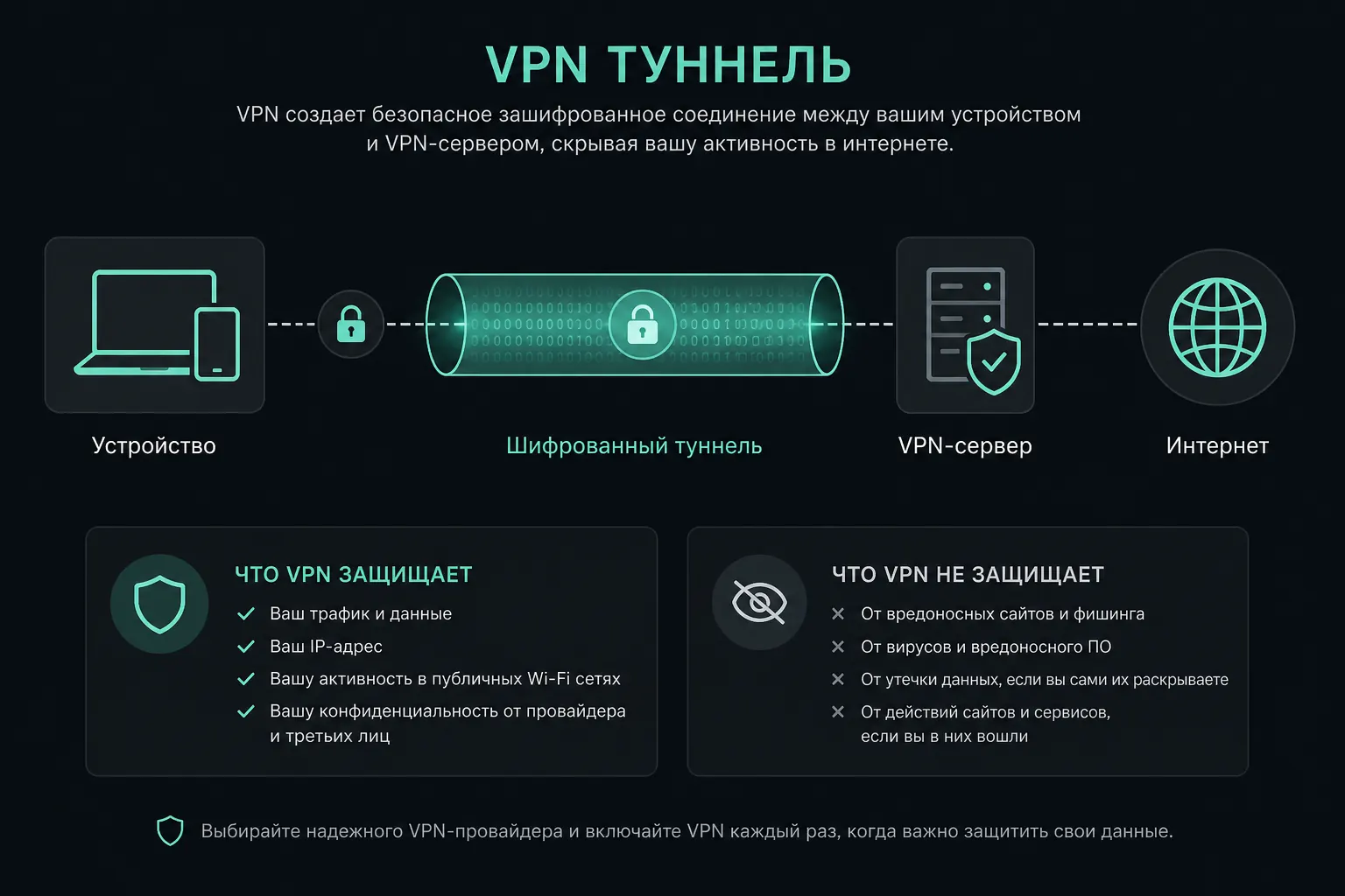 Схема VPN-туннеля от устройства до сервера и интернета
